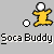 Animated contact sheet showing 15 frames of a yellow stick figure character moving across a gray background with repeated "Soca Buddy" text and red "GOAL!" text in the final frame.