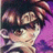 Pixelated anime-style character with dark hair and purple clothing, side profile facing left, against black background with white text.