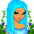 Pixelated cartoon character with blue hair and floral dress standing in front of green vines and purple flowers, shown across three animation frames with slight pose changes.