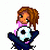 Pixelated cartoon girl holding soccer ball next to text "SOCCER" and "CHIC" on white background with black border.