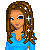 Pixel art contact sheet showing a female character in blue dress with brown curly hair, multiple frames of animation including full-body and close-up views, plus text phrases arranged below the images.