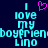 Pixelated cyan text on dark blue background reads "I love my boyfriend Lino" with a pink heart symbol replacing the word "love" in the top-left portion.