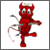 Red pixelated devil figure with horns, tail, and single yellow spot on head, standing in dynamic pose against white background.