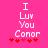 Pixelated text on bright pink background with red hearts, showing 'I Luv You Conor' in white block letters and heart symbols changing from five to four.