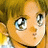 Pixelated anime-style character with blonde hair and blue eyes, side profile against black background with white text.