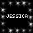 Black background with white pixelated text 'JESSICA' repeated four times in a pattern, surrounded by scattered star-like sparkles