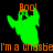 Green ghost-shaped figures with orange text 'Boo!' and 'I'm a Chosbel' on black background, some elements mirrored or shifted.