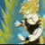 Animated character with spiky blonde hair and dark collar, performing a dynamic pose against green-yellow background.