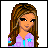 Pixel art icon of a girl with long brown hair wearing a purple jacket over blue shirt, next to orange background text and black text