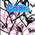 A pixelated image with four distinct sections: top-left black and pink scribbles, top-right colorful paperclips on a beige surface, bottom-left a person's face partially obscured by text, and bottom-right empty gray space.