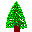 Six pixelated green trees with brown trunks arranged in two , each tree displaying different colored square decorations
