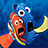Pixelated cartoon fish characters with one orange fish and one blue fish holding a banana, set against a blue background with text overlays.