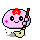 Pixelated pink character with red flower on head holds yellow broom, displaying multiple facial expressions and head positions against gray background.