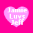 Four identical pink heart-shaped icons with white text "Jamie Luvs Jeff" on a bright pink background, arranged in a