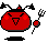 Red pixelated character with black horns, closed eyes, and a smiling mouth holding a pitchfork-like object.