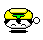 Pixelated cartoon character with yellow hair, green top, black and white face, holding a speech bubble that changes from full to empty.