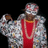 Pixelated figure in red and white attire with arms raised against black background.