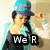 A pixelated image of a person wearing a blue hat and teal top, with text changing from "We R" to "SWAG QUEENS"