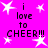 A bright pink background features repeated text "i love to CHEER!!!" with white star shapes scattered throughout, all in a pixelated style.