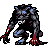 Pixelated creature with dark fur, blue highlights on head and limbs, purple eyes, red accents on hands and arms, white teeth, crouched pose against gray background.