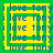 A static pixel art composition with repeating text and layered geometric shapes in green, yellow, and blue.
