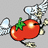 Pixelated image of a red tomato with green stem, wings, and chef's hat on gray background; four text blocks in black pixel font on red background.