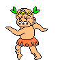 Pixelated character with green leaf crown, orange fringed skirt, and clenched teeth in multiple dance poses against gray background.