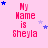 Pink background with red text 'My Name is Sheyla' and scattered blue and purple stars in a
