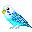 Pixelated blue and white budgerigar with yellow beak, displayed in a of 20 distinct poses showing head turns, wing positions, and body angles against gray background