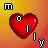 A pixelated red heart with black-and-white checkered elements on a gradient orange-yellow background.