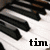 Pixelated piano keys with black and white keys, a white background, and the text 'tim' in black lowercase letters at the bottom center.