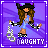 Pixel art contact sheet of an animated AIM buddy icon showing a female character with long brown hair, black hat, and blue dress holding silver handcuffs against purple background with "NAUGHTY" text.