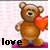Brown teddy bear holding red heart, standing against light pink background with black text 'love' at bottom left.