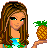 Pixel art contact sheet showing a female character in beachwear with pineapple props and text variations across 11 frames, including full-body views, close-ups of legs/shoes, and multiple text layouts.