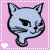 Pixelated light blue cat head with dark gray stripes, black eyes and nose, pink background, white dotted border; left has white heart, right has purple heart