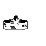Pixelated black-and-white animation shows a figure in a well-like structure with Japanese text, transitioning from leaning forward to standing upright and then raising arms above head.