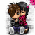 Pixelated anime-style character with brown hair and dark jacket sits holding pink flower, legs crossed on white background.