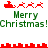 Pixelated red sleigh with reindeer above green "Merry Christmas!" text, two identical versions side-by-side on white background.