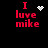 Red text "I luve mike" on black background with four distinct white pixel symbols: heart, starburst, circular dot cluster, and static text.
