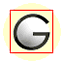 Four circular icons with yellow backgrounds show a stylized 'G' symbol in black and white, each framed by a red square border.