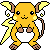 Pixelated yellow creature with brown accents, white belly, and closed eyes, holding a white object with brown handles against a gray background.