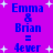 Purple background with blue text reading "Emma & Brian = 4ever" repeated twice, surrounded by white plus signs.