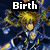 Pixelated anime-style character with yellow hair in dynamic pose, wearing blue and yellow outfit with white accents, against dark blue background with white text "Birth" above.