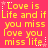 A static image with a bright pink background displays yellow pixelated text repeating "Love is Life and if you miss love you miss life" across six , each bordered by small white stars