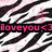 Pixelated image with black and white striped background, pink text reading 'iloveyou<3' on a black bar across the center.