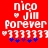 Red background with white text reading 'nico', 'Jim', 'forever', and a of white hearts and blue stars, with one blue star changing color from blue to purple
