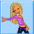 Pixel art of a blonde woman in purple top and dark pants with extended arm, next to vertical 'ROCKER' text on light blue background.