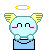 Pixelated angel icon with light blue body, yellow wings, and golden halo; two expressions show closed eyes or smiling face with red cheeks.