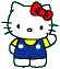Hello Kitty character with red bow, blue overalls, yellow shirt, white face and paws; left pose shows raised right paw, right pose shows raised left paw.
