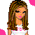 Pixelated image of a female character with long brown hair wearing white top and pink pants holding a pink bucket, surrounded by pink floral shapes.